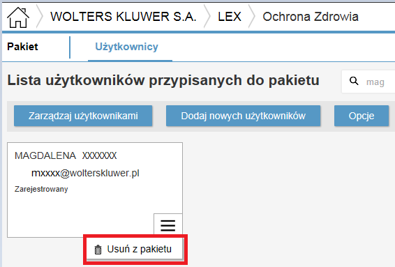 Usuwanie użytkowników Administrator licencji może usunąć użytkownika z: 1. pakietu 2.