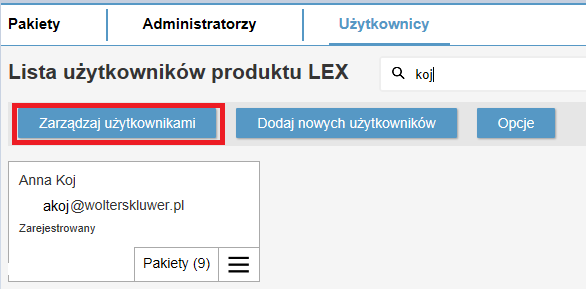 Usuwanie użytkowników c.d. Administrator może też usunąć użytkownika z listy użytkowników danego klienta (jednocześnie ze wszystkich pakietów do niego należących).