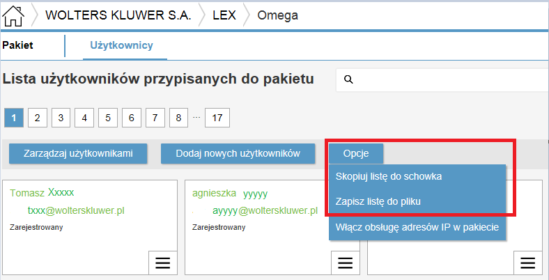 Kopiowanie i export listy użytkowników danego pakietu W sytuacji kiedy administrator potrzebuje dodać do kilku / kilkunastu pakietów tę samą listę użytkowników istnieje możliwość wprowadzenia