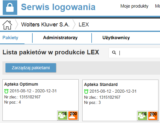 Widok dostępnych pakietów Po wybraniu konkretnej licencji pokazuje się lista pakietów,