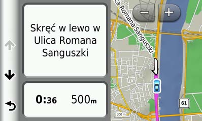 Wyświetlanie następnego zwrotu Podczas gdy użytkownik podróżuje wyznaczoną trasą samochodową, w lewym górnym rogu mapy wyświetlany jest podgląd następnego zwrotu, zmiany pasów lub innego manewru.