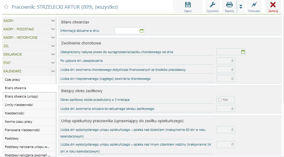 Kalendarz / Bilans otwarcia Dane zapisywane w opcji Bilans otwarcia umożliwiają rozpoczęcia pracy w trakcie roku bez konieczności odtwarzania wcześniejszych wypłat.