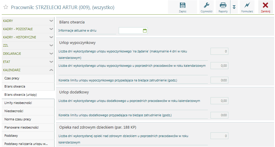 Kalendarz / Bilans otwarcia (urlopy) Dane zapisywane w opcji Bilans otwarcia (urlopy) umożliwiają rozpoczęcia pracy w trakcie roku bez konieczności odtwarzania wcześniejszych wypłat.