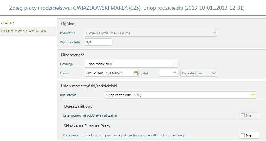 Kalendarz / Zbiegi pracy i rodzicielstwa Uzupełnienie zakładki Zbiegi pracy i rodzicielstwa umożliwia zaewidencjonowanie łączenia dodatkowego urlopu macierzyńskiego, dodatkowego urlopu na warunkach