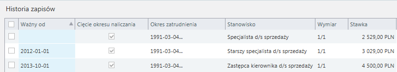 Z poziomu opisywanej opcji możliwe jest również usuwanie wybranych zapisów historycznych. Nowe zapisy historyczne mogą być tworzone wyłącznie z poziomu listy pracowników.