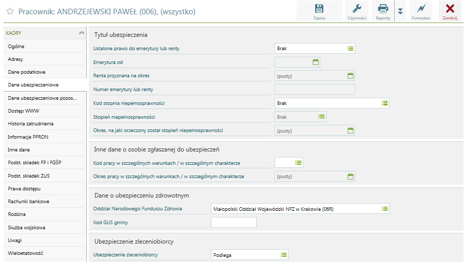 Kadry / Dane ubezpieczeniowe Formularz służy do wprowadzania ogólnych danych ubezpieczeniowych niewynikających bezpośrednio ze stosunku pracy czy zawartej umowy cywilnoprawnej.