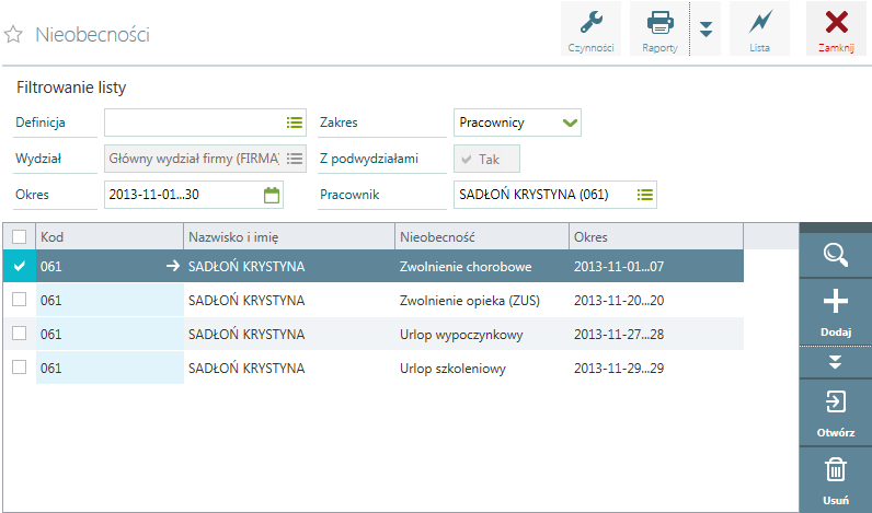 Kadry / Czas pracy / Nieobecności Zakładka pozwala na wyświetlanie listy nieobecności. Lista ta widoczna jest od wersji złotej programu.