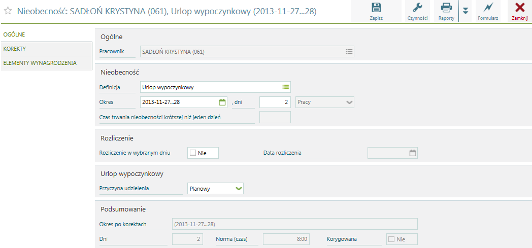 Lista nieobecności Poleceniem Otwórz wywołujemy formularz nieobecności i dostęp do zakładek: Ogólne, poniżej zrzut ekranu Nieobecność zakładka Ogólne Korekty (na zakładce