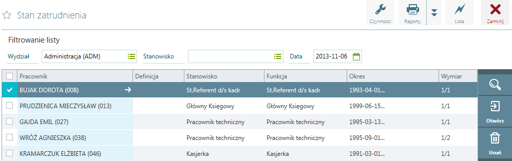 ZZL / Stan zatrudnienia Z tego poziomu w programie otrzymamy informacje dotyczące stanu zatrudnienia w firmie z podziałem na wydziały, podwydziały i stanowiska z datą aktualności na wybrany dzień