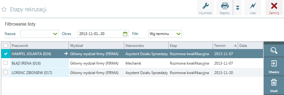 ZZL / Etapy rekrutacji Dane na liście wyświetlane są wg Nazwy etapu rekrutacji i wybranego okresu przedstawiają stan procesu rekrutacji. Do wyboru także Filtr: wg daty, wg terminu.