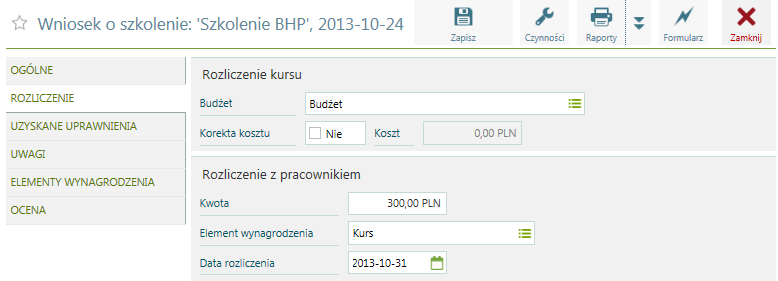 Korekta kosztu TAK/NIE Koszt faktycznie poniesiony Rozliczenie z pracownikiem Kwota (wartość refundacji) Element wynagrodzenia (wybieramy element, na którym chcemy rozliczyć kurs) Data rozliczenia