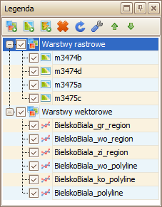 3.1 Legenda Okno Legenda prezentuje drzewo powłok i warstw aktualnie otwartego projektu mapowego, umożliwiając jednocześnie zarządzanie jego elementami: dodawanie lub usuwanie powłok oraz