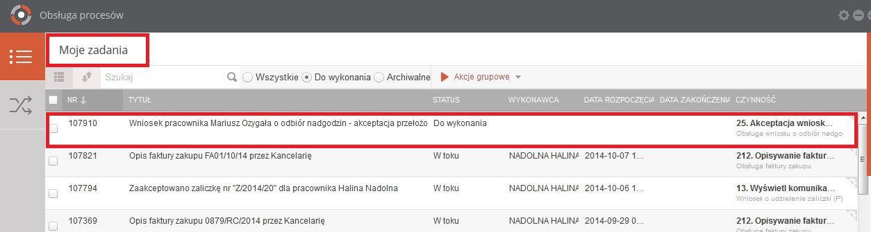 2.4.3 Rozpoczęcie wykonania zadania Rysunek 7 Wybór zadania do realizacji Po wykonaniu czynności odszukania i uruchomienia szczegółów zadania (dwukrotne kliknięcie lewym klawiszem myszki) system w