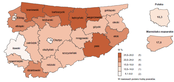 1.2. Stopa bezrobocia rejestrowanego w województwie warmińsko-mazurskim w styczniu 2016 13,3% 23,8% 27,6% 22,7% 25,9% 28,0% 25,9% 16,7% 19,8% 19,2% 6,1% 17,4% 7,9% 18,2% 16,3% 15,8% 22,2% 18,1% 18,9%