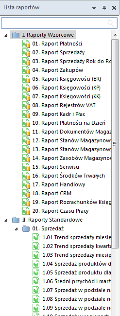 Rysunek 16 Drzewo raportów standardowych Poza raportami standardowymi znajdują się tam również raporty wzorcowe (źródłowe). Są one jedynie szablonami służącymi do tworzenia właściwych raportów.