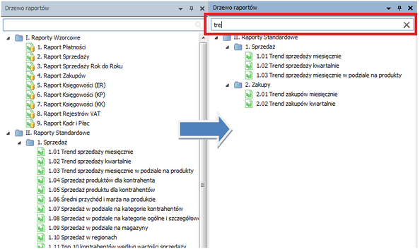 Rysunek 28 Wyszukiwarka raportów 3.1.3 Metoda drag&drop W obrębie dostępnego drzewa raportów istnieje możliwość jego modyfikacji poprzez metodę drag & drop.