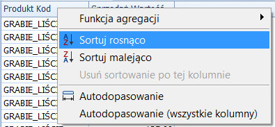 Rysunek 112 Funkcje agregacji kolumn tabeli Elementy wymiarów przeniesionych na raport można sortować poprzez klikniecie w nagłówek kolumny lub przez opcję znajdującą się w menu kontekstowym