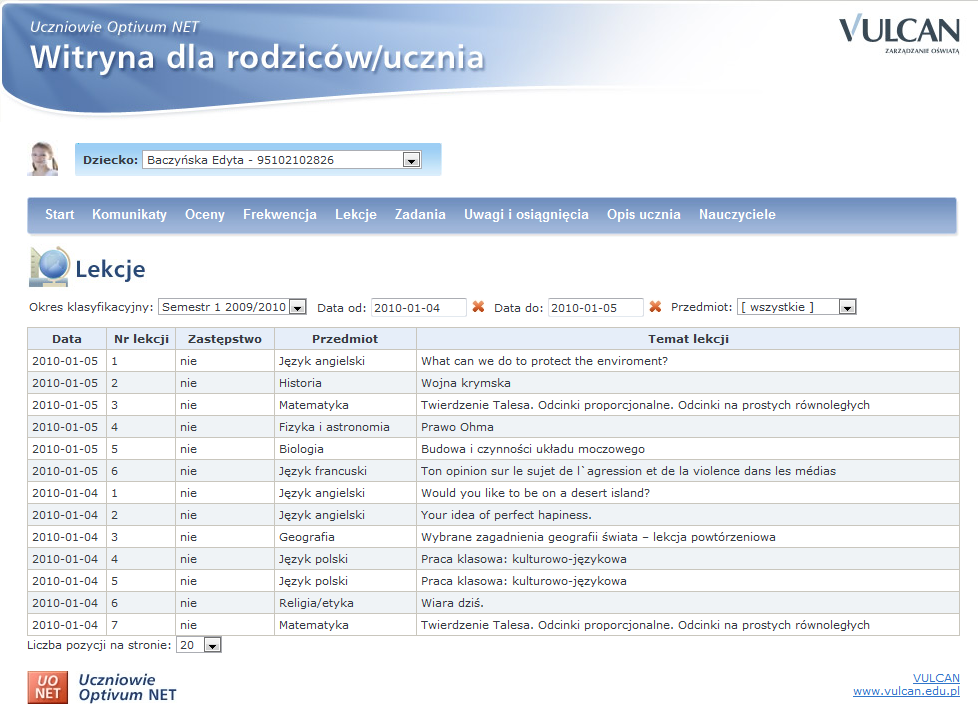 Charakterystyka witryny Lekcje Na tej zakładce można zobaczyć, jakie tematy były omawiane na