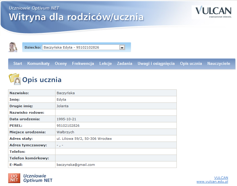 Charakterystyka witryny Opis ucznia Wyświetlane są tutaj podstawowe