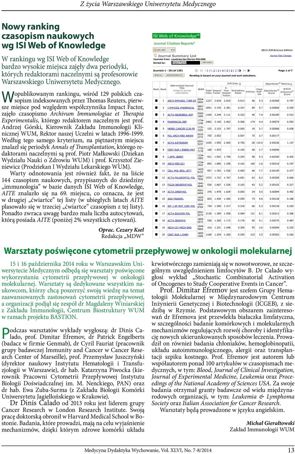 opublikowanym rankingu, wśród 129 polskich czasopism indeksowanych przez Thomas Reuters, pierw- W sze miejsce pod względem współczynnika Impact Factor, zajęło czasopismo Archivum Immunologiae et