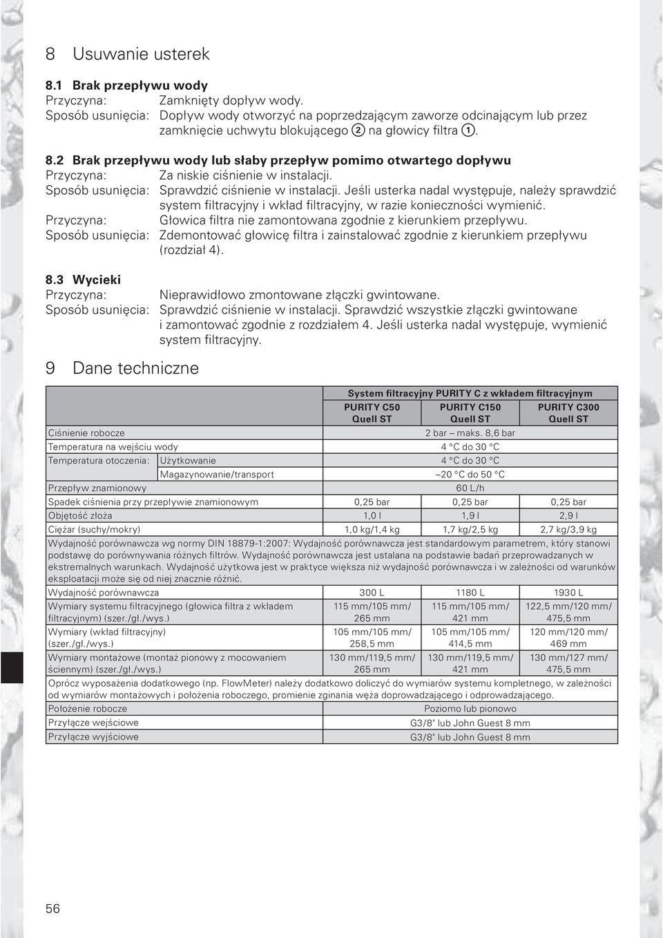 2 Brak przepływu wody lub słaby przepływ pomimo otwartego dopływu Przyczyna: Za niskie ciśnienie w instalacji. Sposób usunięcia: Sprawdzić ciśnienie w instalacji.