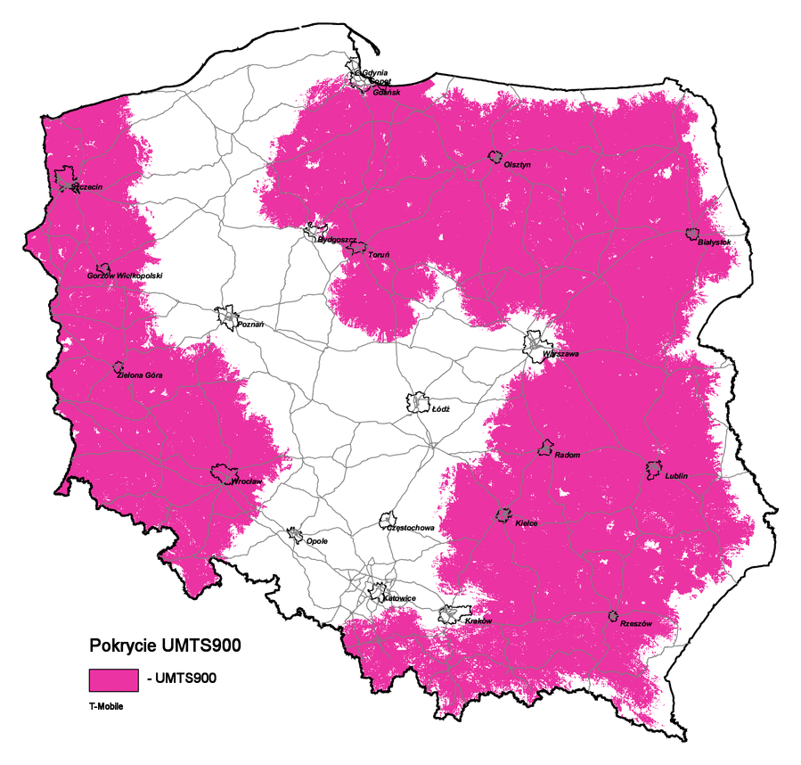 MOCN UMTS 900 Obecny zasięg: Pokrycie na zewnątrz budynków (obszar) 61% Pokrycie na zewnętrz budynków (populacja) 51% Obszar działania UMTS 900 (już ponad 3500 stacji!