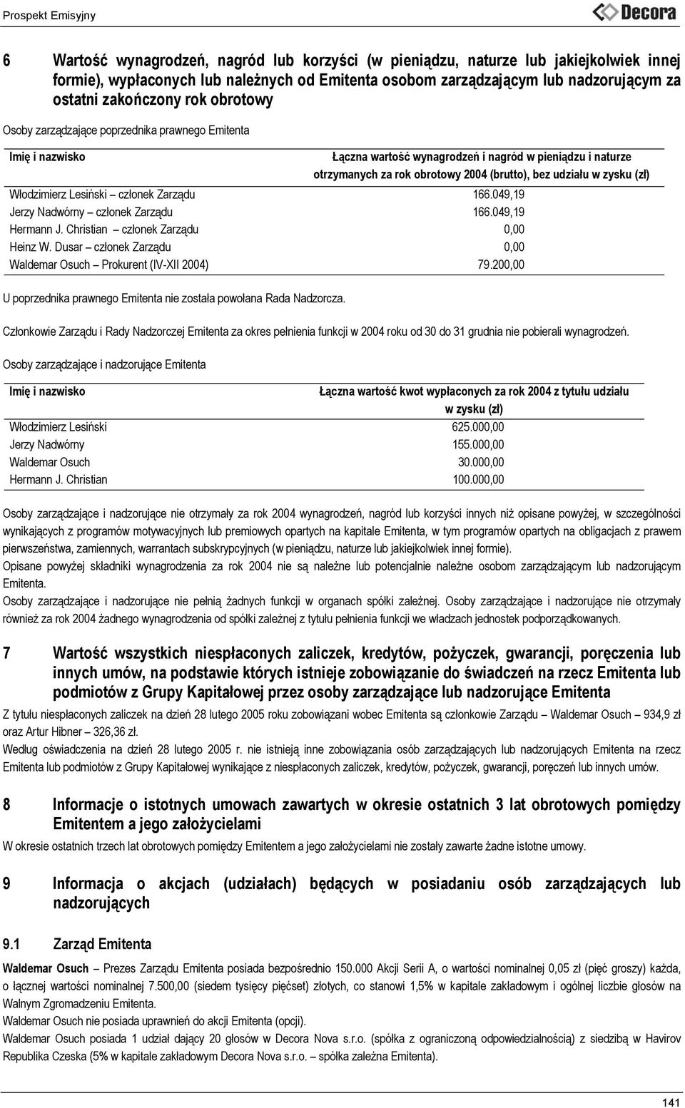 Włodzimierz Lesiński członek Zarządu 166.049,19 Jerzy Nadwórny członek Zarządu 166.049,19 Hermann J. Christian członek Zarządu 0,00 Heinz W.