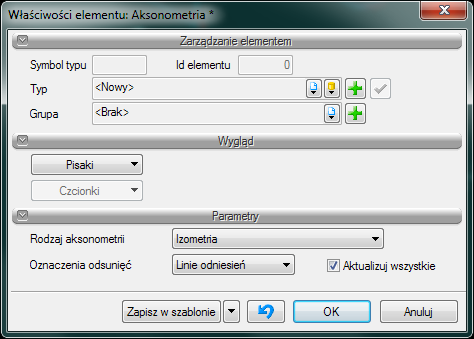 Aksonometria Grupa kontrolek Parametry: Rys. 83 Okno własności aksonometrii Rodzaj aksonometrii W rozwijalnej liście użytkownik ma do wyboru cztery rodzaje aksonometrii.