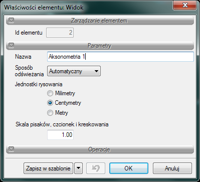 Aksonometria 10.3. Opcje widoku Rys. 95 Okno wstawiania widoku aksonometrii Poprzez wybór przycisku w oknie wstawienia lub dwuklik na uchwyt widoku aksonometrii wywołujemy okno właściwości widoku.