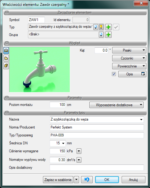 Opis i edycja obiektów Rys. 34 Okno właściwości elementu Zawór czerpalny.