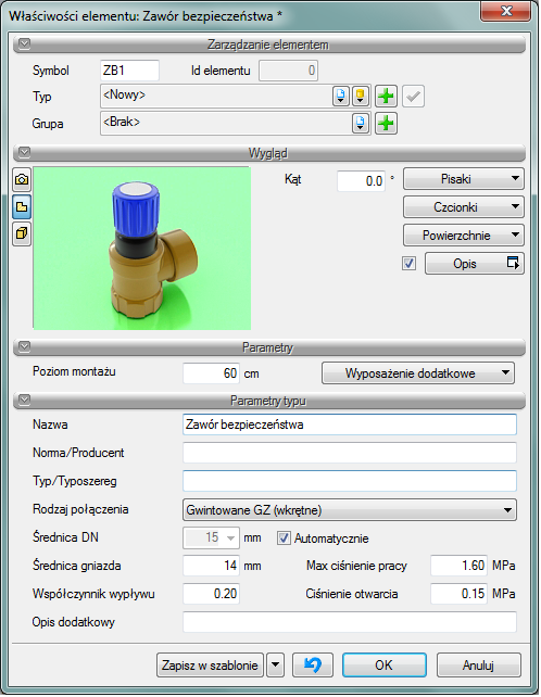 Opis i edycja obiektów Grupa kontrolek Parametry typu: Rys. 48 Okno właściwości obiektu Zawór bezpieczeństwa.