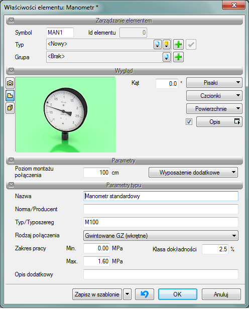 Opis i edycja obiektów Grupa kontrolek Parametry typu: Rys. 52 Okno właściwości obiektu Manometr.