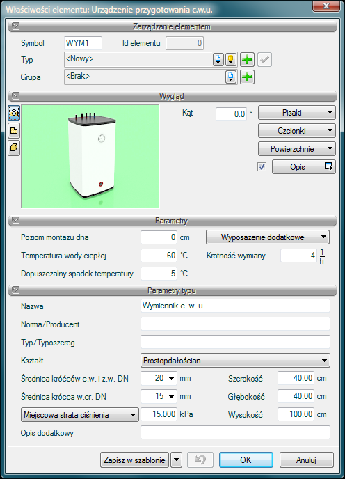 Opis i edycja obiektów Rys. 56 Okno właściwości obiektu Urządzenie do przygotowania c.w.u.. Grupa kontrolek Parametry: Temperatura wody ciepłej wartość wpisywana przez użytkownika w podanych obok pola jednostkach.