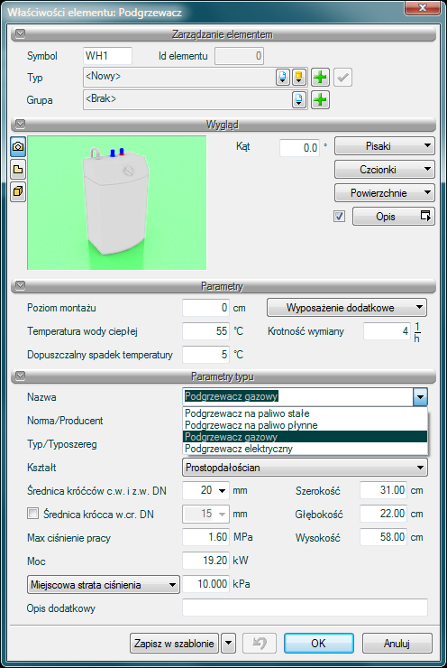 Opis i edycja obiektów Rys. 57 Okno właściwości obiektu Podgrzewacz. Grupa kontrolek Parametry: Temperatura wody ciepłej wartość wpisywana przez użytkownika w podanych obok pola jednostkach.