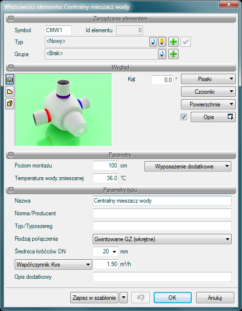 Opis i edycja obiektów Rys. 58 Okno właściwości obiektu Centralny mieszacz wody.