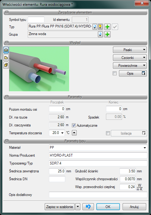 Rurociągi 7.1.3. Właściwości elementu : rura wodociągowa Rys.