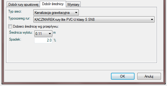 Rys.3.7.17.2.2 Wybór metody ręcznej dla kanalizacji grawitacyjnej Pole Średnica wylotu pole służące do ręcznego wyboru średnicy z wybranego typoszeregu rurociągu.