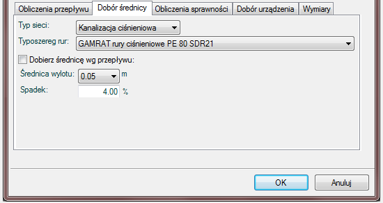 Pole Średnica DN pole służące do podglądu dobranej średnicy z wybranego typoszeregu na podstawie przepływu Q i prędkości Vmax.