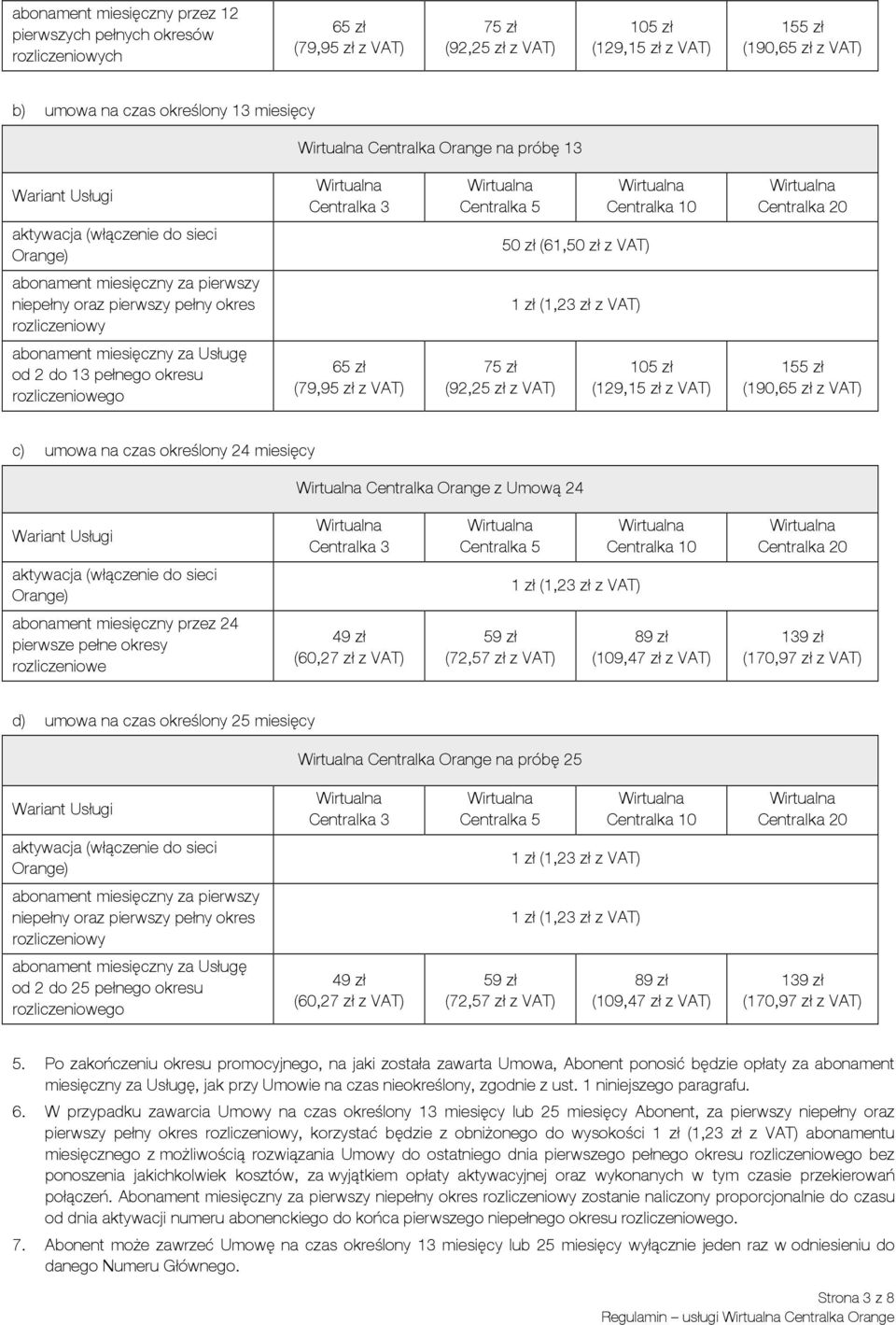 abonament miesięczny za Usługę od 2 do 13 pełnego okresu rozliczeniowego 65 zł (79,95 zł z VAT) 75 zł (92,25 zł z VAT) 105 zł (129,15 zł z VAT) 155 zł (190,65 zł z VAT) c) umowa na czas określony 24