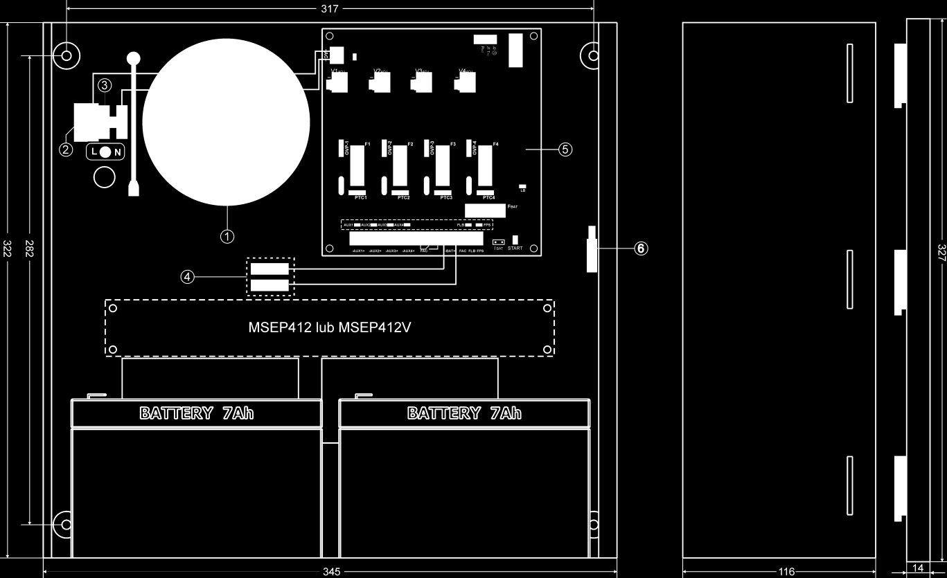 www.pulsar.pl Rys. 2. Widok płyty pcb zasilacza. Tabela 2. Elementy zasilacza (patrz rys. 3) Element nr [Rys. 3] [1] Transformator separacyjny Rys. 3. Widok zasilacza.