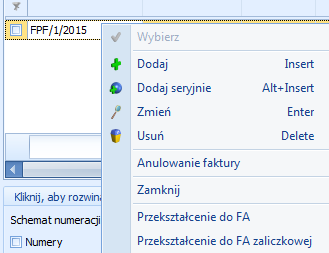 Jak wystawić Fakturę Zaliczkową? Znajdując się na liście Faktur Pro Forma, zaznaczamy dokument, który chcemy przekształcić do Faktury Zaliczkowej i klikamy na niego prawym przyciskiem myszy.