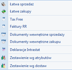 W katalogu dostępne są funkcje: W zależności od ustawień w Konfiguracji, dokumenty magazynowe wpływają na stan towaru w magazynie, dokumenty handlowe odpowiadają za płatności.