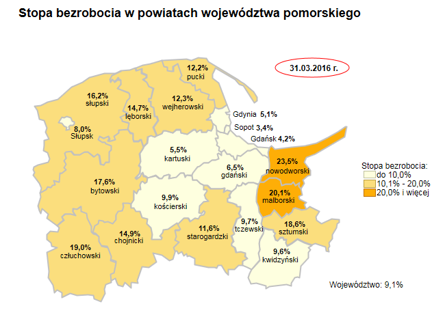 20,1% Rys. 18 Mapa bezrobocia w województwie pomorskim / Źródło :Wojewódzki Urząd Pracy w Gdańsku www.wup.gdansk.pl, 12.04.