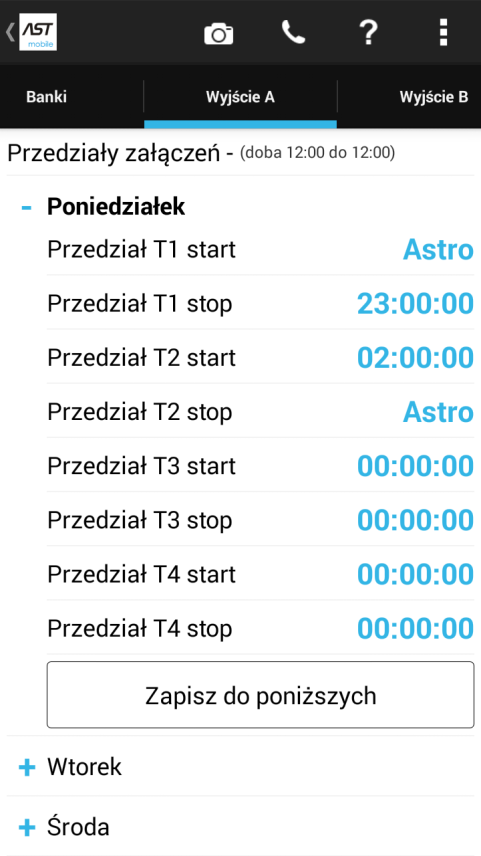 Ustaw czas 00:00:00 wybór tej wartości oraz naciśnięcie przycisku Ustaw ustawi godzinę 00:00:00, ustawienie tej wartości dla np. T1 start oraz T1 stop będzie oznaczało że przedział jest wyłączony.