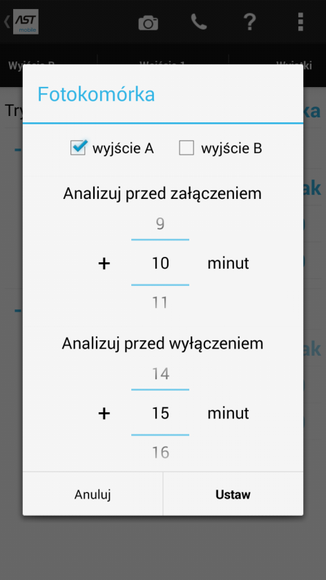 W panelu tym należy ustawić trzy parametry: Wyjście na które ma wpływać fotokomórka (do wyboru A,B lub A i B).