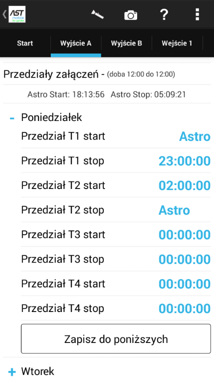 pomocą prefiksu astro), wybór tej pozycji dla T stop będzie oznaczało ustawienie astronomicznego czasu wyłączenia + poprawka wyłączenia.