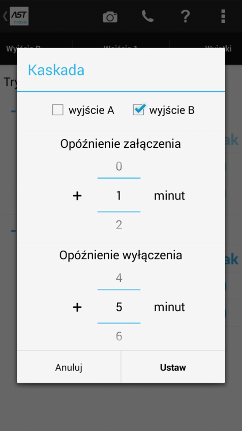 W panelu tym należy ustawić trzy parametry: Wyjście na które ma wpływać sygnał na wejściu sterownika (do wyboru A,B lub A i B).