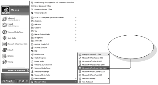 str. 6 Rysunek 6.1.1. Procedura uruchamiania programu PowerPoint Skrót Microsoft Office Power Point 2003 w Menu Start Pamiętaj!