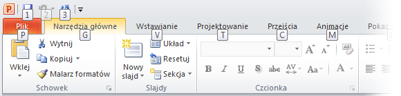 Nowość: porady dotyczące klawiszy W programie PowerPoint 2010 są dostępne skróty klawiaturowe dla wstążki, nazywane poradami dotyczącymi klawiszy, które pozwalają szybko wykonywad zadania bez użycia