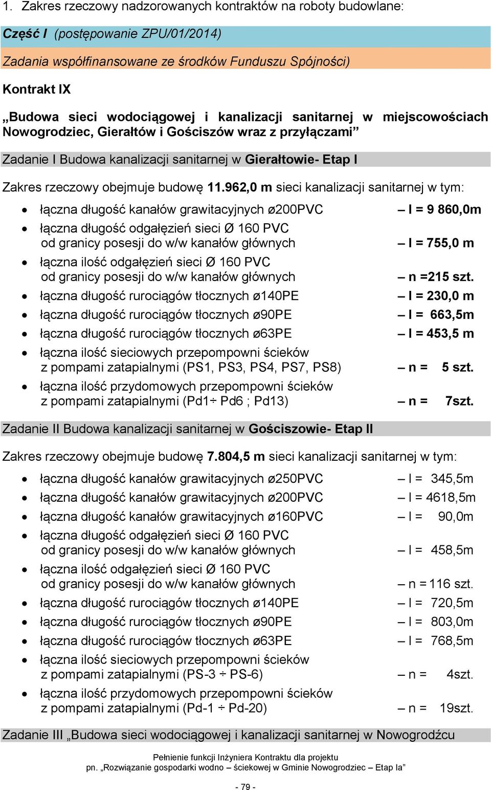 962,0 m sieci kanalizacji sanitarnej w tym: łączna długość kanałów grawitacyjnych ø200pvc l = 9 860,0m łączna długość odgałęzień sieci Ø 160 PVC od granicy posesji do w/w kanałów głównych łączna